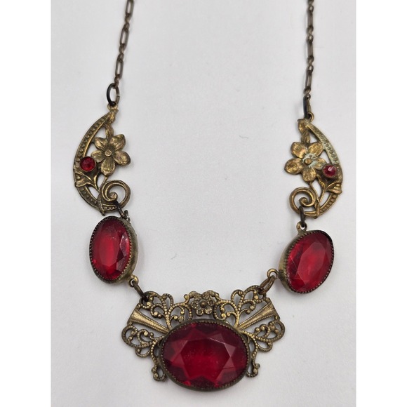 Antique Brass Filigree Necklace Red Glass Stones Art Deco Nouveau Style - Picture 5 of 16